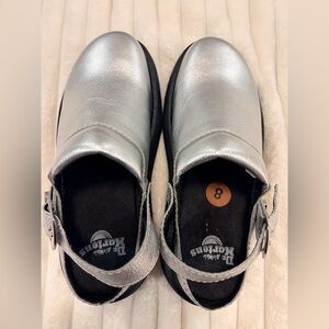 SOLD Dr. Martens Laketen Silver Leather Mules Clogs Slip On Shoes — size 8